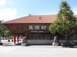 The appearance of Ryukyu Mura (Red tiles and Pandanus odoratissimus trees are landmarks)