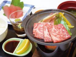 The restaurant offers unique dishes using local island ingredients. Lunch set consisting of Ishigaki beef grilled on a ceramic plate