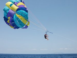 The staff member(s) will attach your harness to a parasail, then you’ll take off when they say “Itterasshai (Have a good trip.)” 