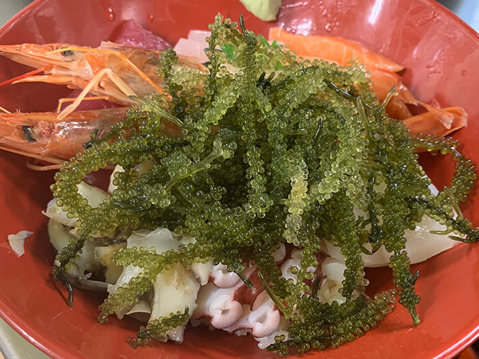 「海葡萄丼」是在海鮮食材上加入份量十足的海葡萄，形成一道美味料理。