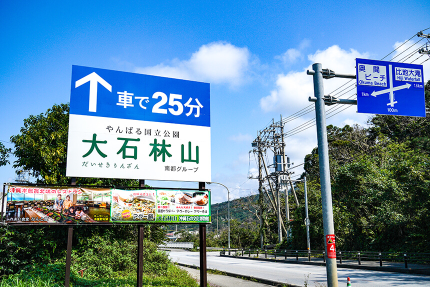 沖縄自動車道の那覇インターから北へおよそ50分。終点、許田インターを降り、国道58号線をひたすら北へ進み国頭へ。行く先々で「大石林山」の看板が見えてきます。